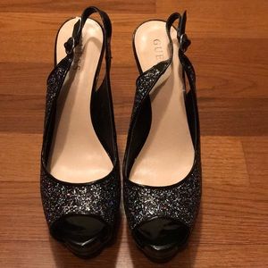 Guess black/glitter sling back peep toe heels